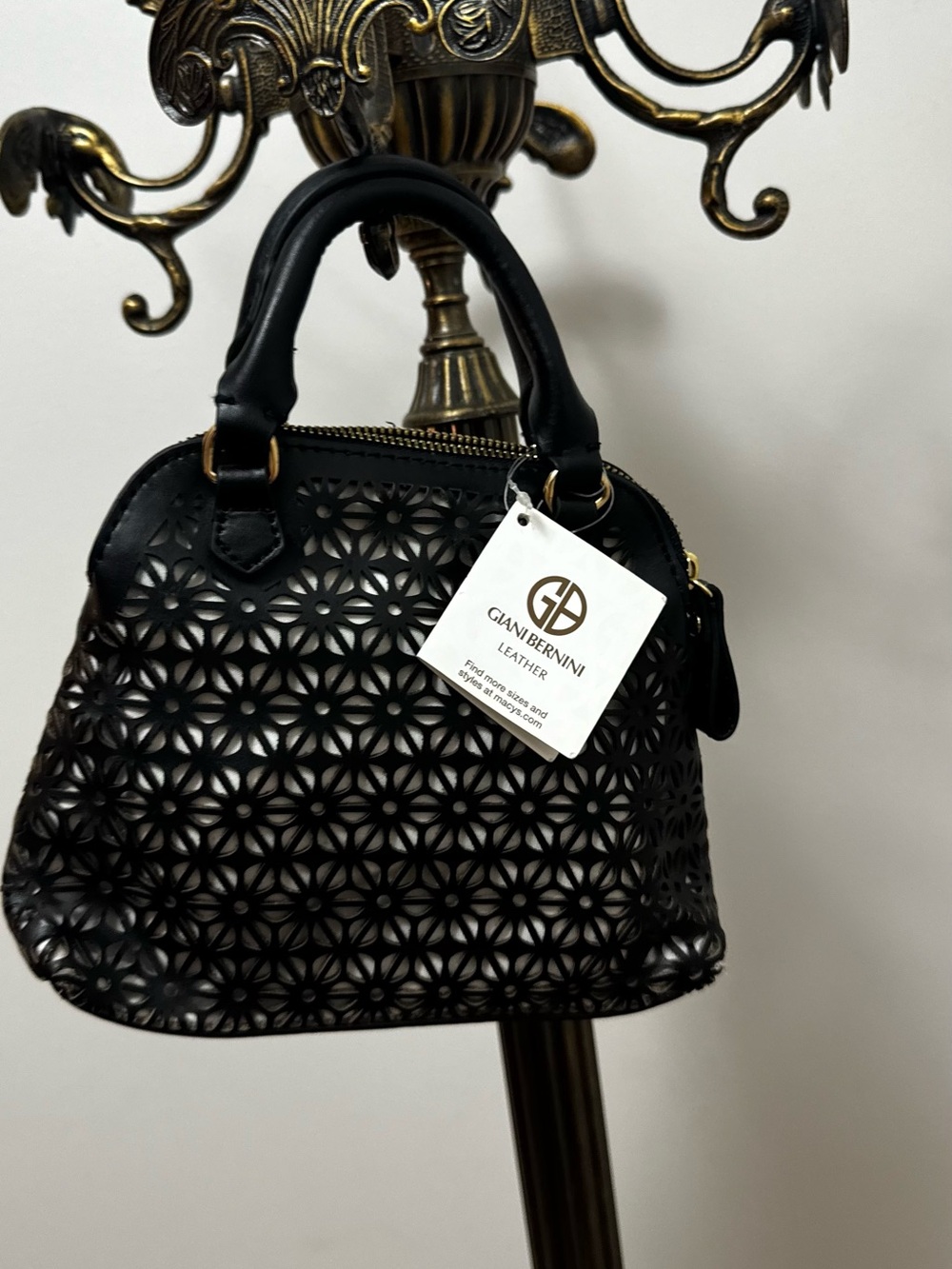 Giani Bernini Black Laser-Cut Leather Satchel with Gold Hardware